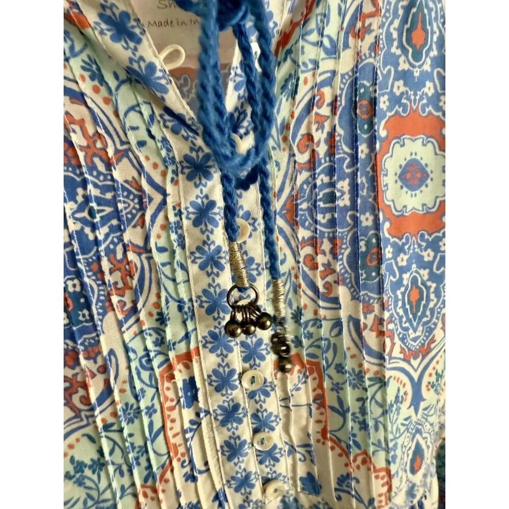 Kyla Seo Small S Blue Orange Floaty Boho Chic Artisan Rayon Bell Tassels Hippie - Picture 4 of 10